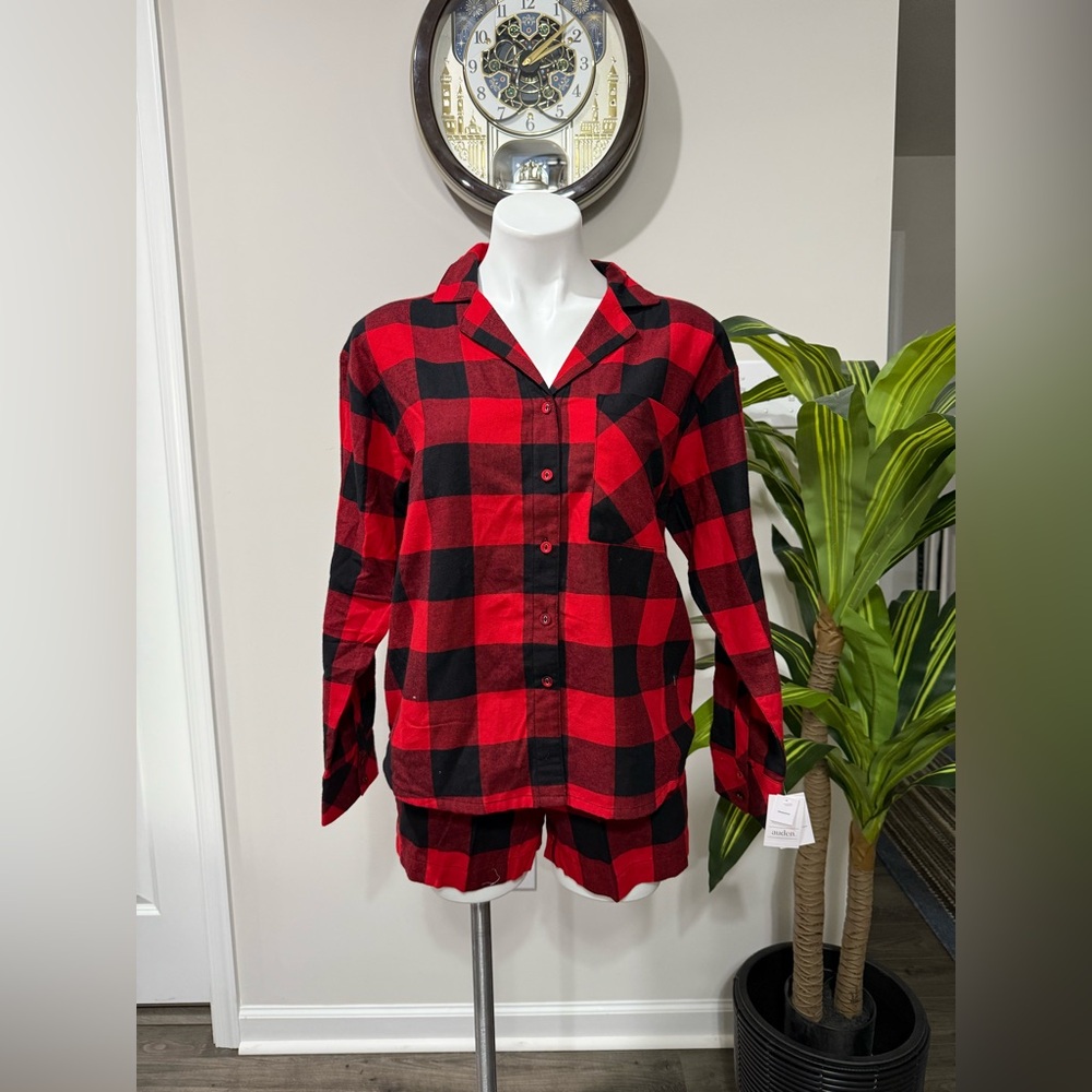 New Auden Women’s Long-Sleeve Top & Shorts Pajama Set Red black plaid XS S L